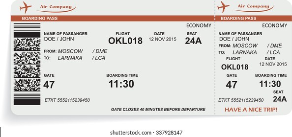 Variant of airline boarding pass ticket in orange color with QR2 code. Concept of travel, journey or business. Isolated on white. Vector illustration