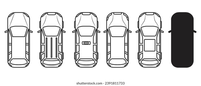 Variante del coche y su sombra desde el ángulo superior en contorno y vector.