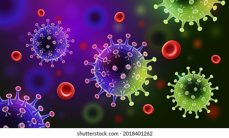 Variant Coronavirus disease, COVID-19 mutation background with disease cells and red blood cell, Variant of Concern concept, vector illustration