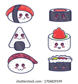 Variant of cute sushi set with cartoon style