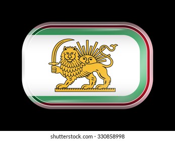 Variant Flag of Iran with Lion and Sun Emblem. Rectangular Shape with Rounded Corners. This Flag is One of a Series of Glass Buttons