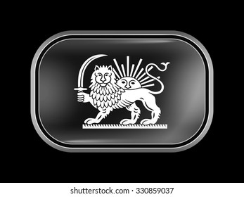 Variant Flag of Iran with Lion and Sun Emblem. Rectangular Shape with Rounded Corners. This Flag is One of a Series of Glass Buttons