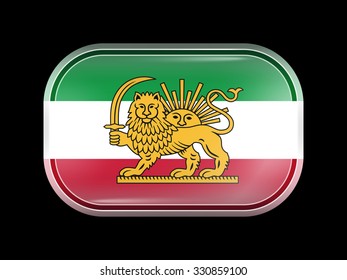 Variant Flag of Iran with Lion and Sun Emblem. Rectangular Shape with Rounded Corners. This Flag is One of a Series of Glass Buttons