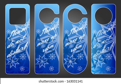 Variant hangers on the door with a message for the hotel, resort. Winter style. Can be used in winter.