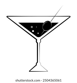 Variant illustration of dry martini with olive. One line hand drawn illustration for coloring	
