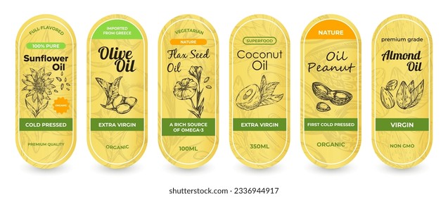 Variant of label design for packaging oil, vector illustration. Assortment of organic oil bottle labels. Banner text first cold pressed, extra virgin, a rich source of omega-3. Vegetarian product.