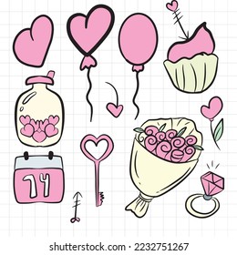 Variant pink color on valentine celebration. Big set of lovely objects for st. Valentines day in doodle style on white background