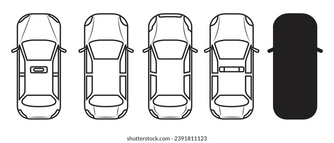 Variant of sedan and it shadow from top angle in outline and vector.