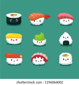 Variant of sushi set with cartoon style