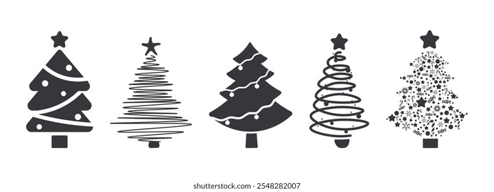 Variants bundle abstract black Christmas Tree, pine glyph, for holiday, December, winter graphic element
