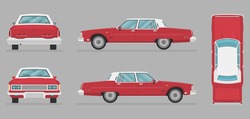Variants Of Cartoon Automobile Body Silhouette For Web. Auto Front View, Rear View, Side View And Top View. Red Old Car In Flat Style From Different Sides. 