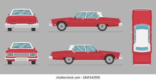 Variants Of Cartoon Automobile Body Silhouette For Web. Auto Front View, Rear View, Side View And Top View. Red Old Car In Flat Style From Different Sides. 