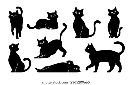 Variants of cat poses. Vector set of black cat, felines, illustration isolated on white.