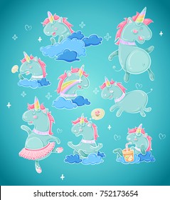 Variants cute unicorn isolated on a blue background. A set of joyful horse, rainbow and clouds. Cartoon birthday greeting card. Bright child poster. Vector illustration
