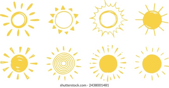 Variants of the drawn sun. Vector yellow sun of stylish children's drawing. Set of the sun with different rays.