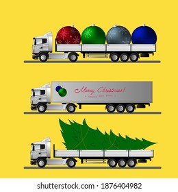 Variants of European trucks with semi-trailers for transporting New Year s goods and decorations Blank for designers. Christmas and New Year. Vector.