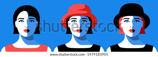 Variants Female Portraits Full Face Short Stock Vector Royalty