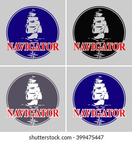 Variants of marine emblems with the white sailing ship in a round vector