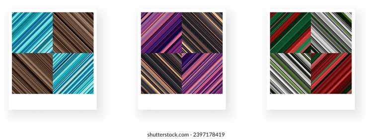 Variants of paper card with square checkered striped geometric patterns. Thin brown, blue, purple stripes. Vector textured illustration
