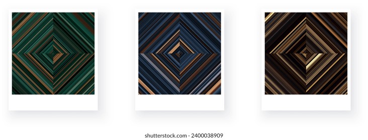 Variantes de tarjeta de papel con patrones geométricos a rayas cuadradas. Rayas verdes, azules, marrones. Ilustración de textura vectorial
