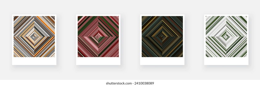 Variants of paper card with square checkered striped geometric patterns. Thin grey, orange, pink stripes. Vector textured illustration
