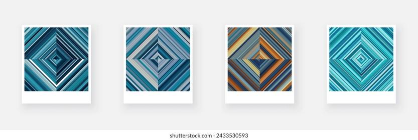 Variantes de tarjeta de papel con patrones de agua cuadrada a rayas. Rayas finas azules y naranjas. Ilustración texturizada del vector