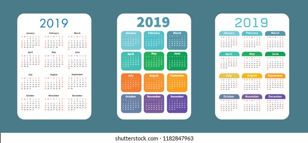 Variants of the pocket calendar for the year. Vector illustration, bright colors, stylish look. Calendar for next year. Calendar for applications, widgets, website, presentations.