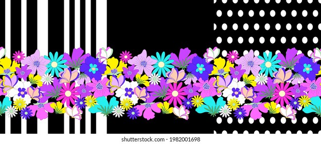 Variants of seamless floral border with large tropical flowers and butterflies on black, striped and dotted backgrounds. For fashion design, decorating wishes, scrapbooking, greeting cards. Vector.