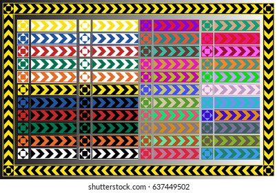 Variants of the signal tape.
Restrictive strip with a repeating pattern in the form of a corner. A set of different colors.
