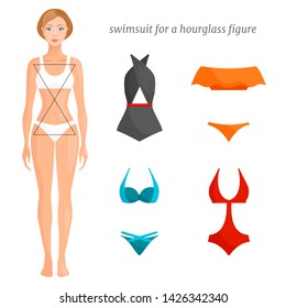 Variants of swimsuits for women with an hourglass figure. Vector illustration. Model swimwears and a girl in full growth. Beach fashion.