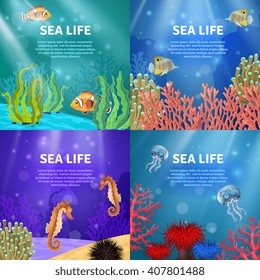Variants of underwater landscape with different colors and animals vector illustration