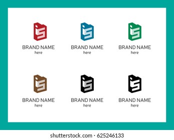 Variants of writing IS letters for company logo in red, blue, green, brown, black colors