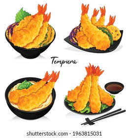 Verschiedene Garnelen tempura Rezept-Vektorgrafik. (gebratene Garnelen aus Tendon, Donburi, Udon und Tempura)