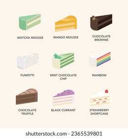 variation of cake flavour, cheesecake, red velvet, chocolate. isometric. vector. illustration with isolated white background. 