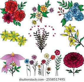 Variation of Colorful flower Illustrations Set