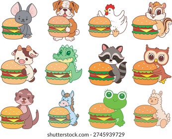 Variation of cute animal bring a burger 