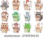 Variation of cute animal playing a drum in the band