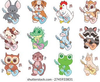 Variation of cute animal playing a guitar