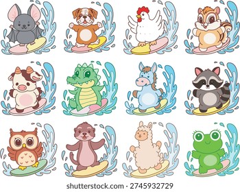 Variation of cute animal playing a surfing