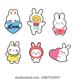 Variación de lindo conejito diseño de carácter para el diseño de la ropa y versátil, se puede aplicar afectivamente a través de varios tipos de Mercancía, pegatinas, logotipo y artículos promocionales