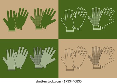 Variation of a design of a pair of gloves for gardening on a beige or green background.