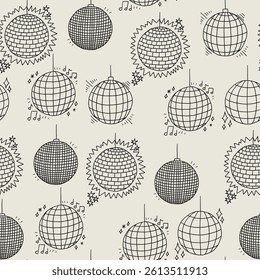 Variation Disco ball seamless pattern. Dance mirror party ball background. Vector sketch wallpaper