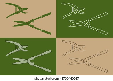 Variación de dibujos de herramientas de jardinería, cizalladuras de poda, cizalladuras de cobertura, sobre un fondo beige o verde.