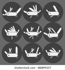 Variation of folding knife flat icon vector; Different Folding army knife; multi-tool instrument sign vector isolated