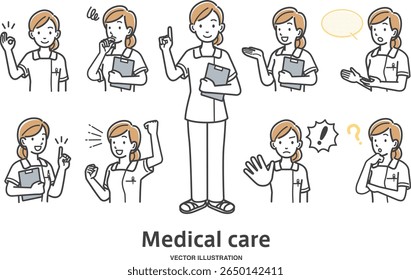 Conjunto de ilustrações de variação de expressões faciais e gestos de enfermeira feminina