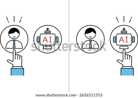 Variation illustrations depicting the choice between humans and AI in the business world