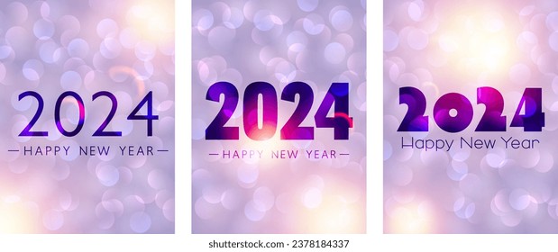 Variación de las tarjetas verticales de Año Nuevo 2024 con números sobre fondo violeta brillante texturizado con chispas redondas borrosas y luces solares. Ilustración vectorial.
