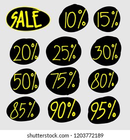 Variation of number sale promotion. 10% 15% 20% 25% 30% 50% 75% 80% 85% 90% 95%. Promotion tag label sticker element.