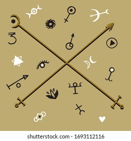 A variation of palmistry (palm reading) related signs, as well as stars and constellation symbols. Minimalistic and  simple with a slight hint at hand-made (some pun intended) style.