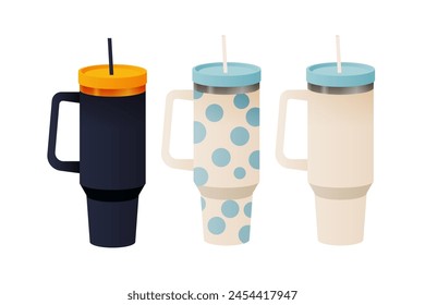 Variación de taza de acero inoxidable reutilizable aislado sobre fondo blanco. Colores negro, punteado y beige del envase aislado de la bebida, taza. Ilustración plana de Vector moderno. Anuncios en redes sociales. 